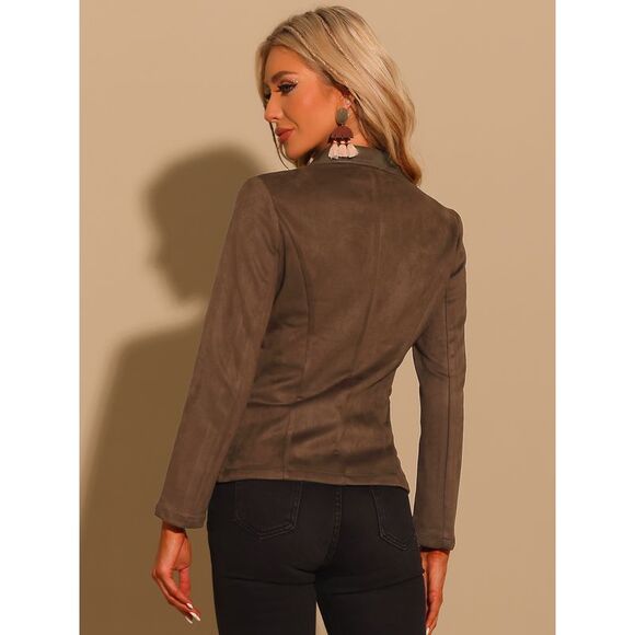 Faux Suede Blazer Lapel Collar Button Front Long Sleeve Jacket Brown - Picture 3 of 5